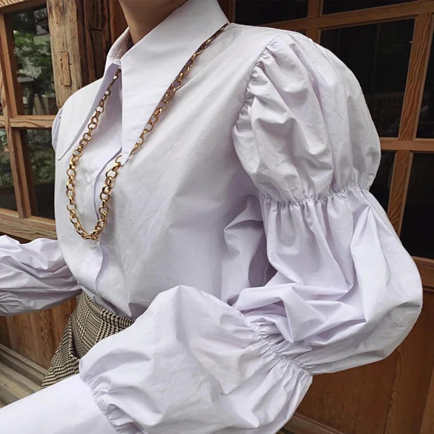 Retro stil palat a subliniat rever single-breasted alb bluza femei vrac puff maneca cămașă de sus