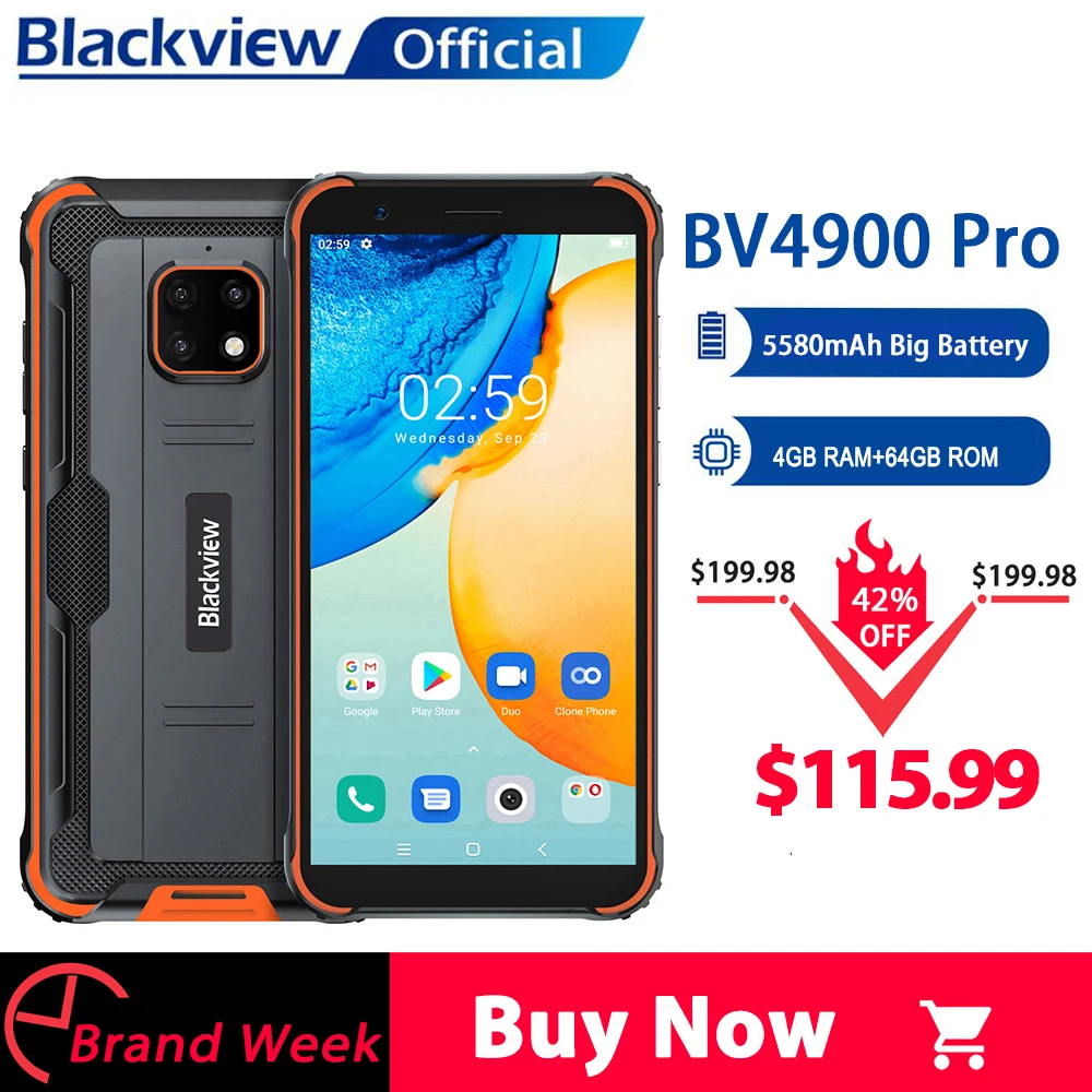 Blackview BV4900 Pro IP68 Telefon Robust 4GB 64GB Octa Core Android 10 Telefon Mobil rezistent la apa 5580mAh NFC 5.7 inch 4G telefon Mobil