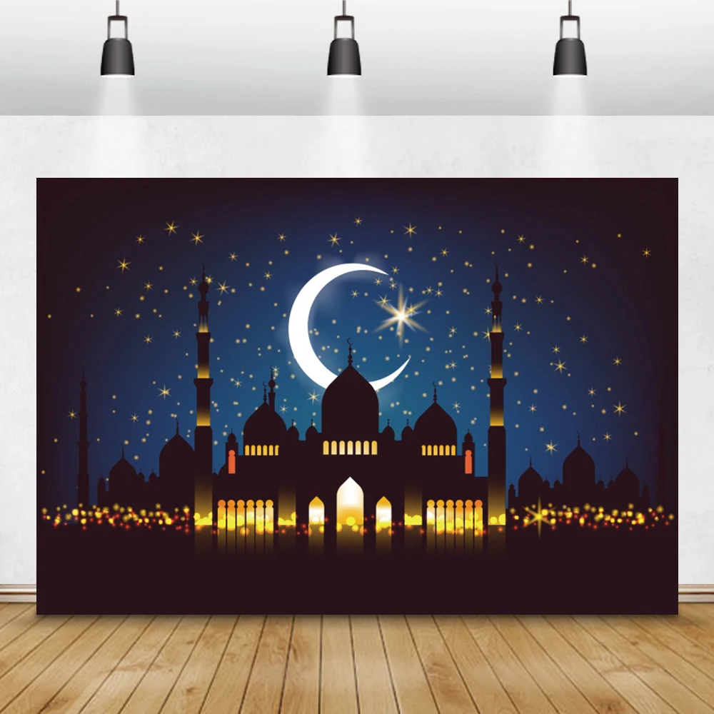 Laeacco Eid Mubarak Medii Moschee Musulmană Crescent Cerul Înstelat Ramadan Kareem Fotografie, Fundaluri Pentru Studio Foto Elemente De Recuzită