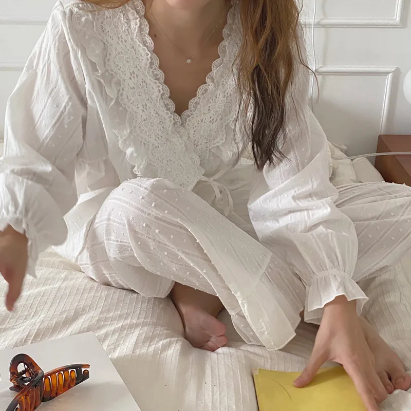 Alien Kitty Coreean Toamna Dantelă Elegant Culoare Pură Bumbac 2020 Pijamale Femei Din Bumbac Dulce Palat În Stil Pijama Set De Haine De Acasă