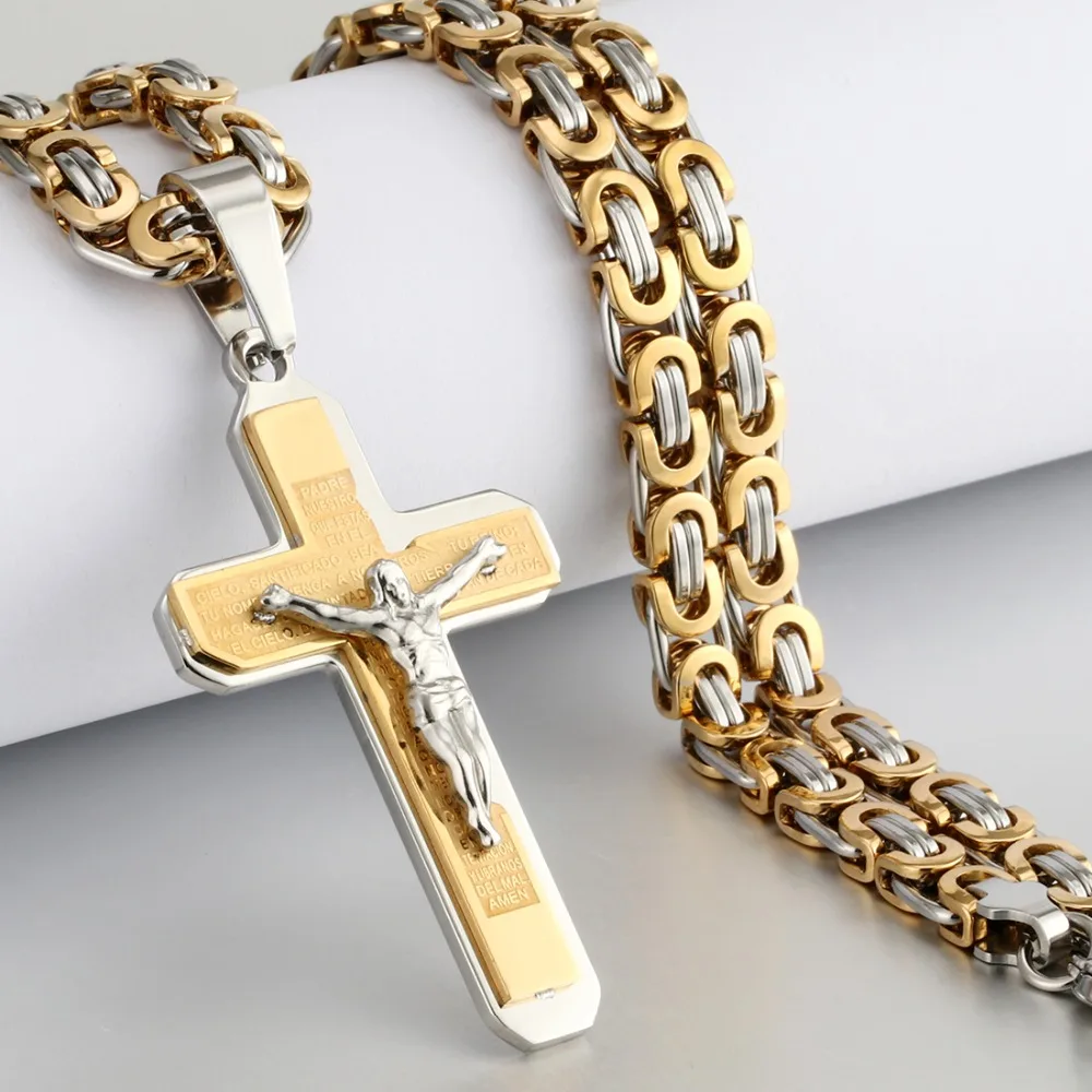 Isus Biblia Gravate Crucifix Cross Pandantiv Coliere la Modă Bizantină din Oțel Inoxidabil Bărbați Coliere Lanț Moda Bijuterii NC01