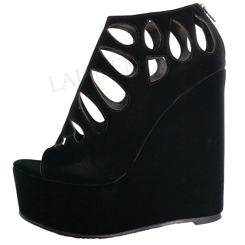 LAIGZEM Tăiate Out pentru Femei Sandale cu Fermoar Spate Pene Platforma Tocuri Pantofi Pompe Femeie PARTID Pantofi de Club Sandalia Zapato Dimensiune 34-52