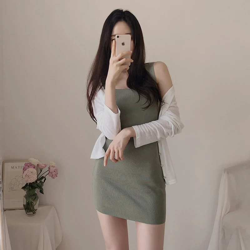 Femei fără mâneci Sexy de culoare solidă rochie midi curea regla coreea moda lady rochii elegante vestido Noi