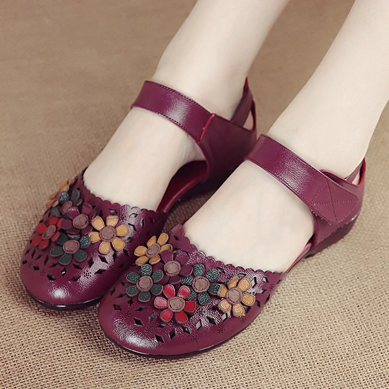 Sandale de vara Aproape Toe din Piele Retro Pantofi pentru Femei Elegante Confort Talpă Moale Femei Pantofi Casual Plat Cadouri pentru Mama