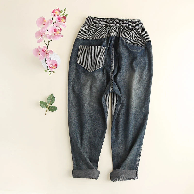 Primavara-Vara Stil de Arte Femei Jeans Plus Size Stripe Mozaic Vrac Harem Pantaloni Talie Elastic Vintage din bumbac Denim Pantaloni D461