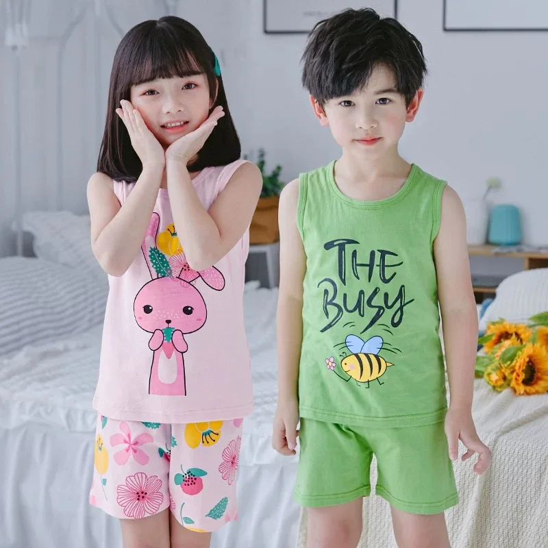 De vară pentru Copii Seturi de Pijamale de Bumbac cu Mânecă Scurtă Vesta+pantaloni scurti Fete Copii Îmbrăcăminte Costum de Desene animate Baieti Pijamale Pijamale Copii