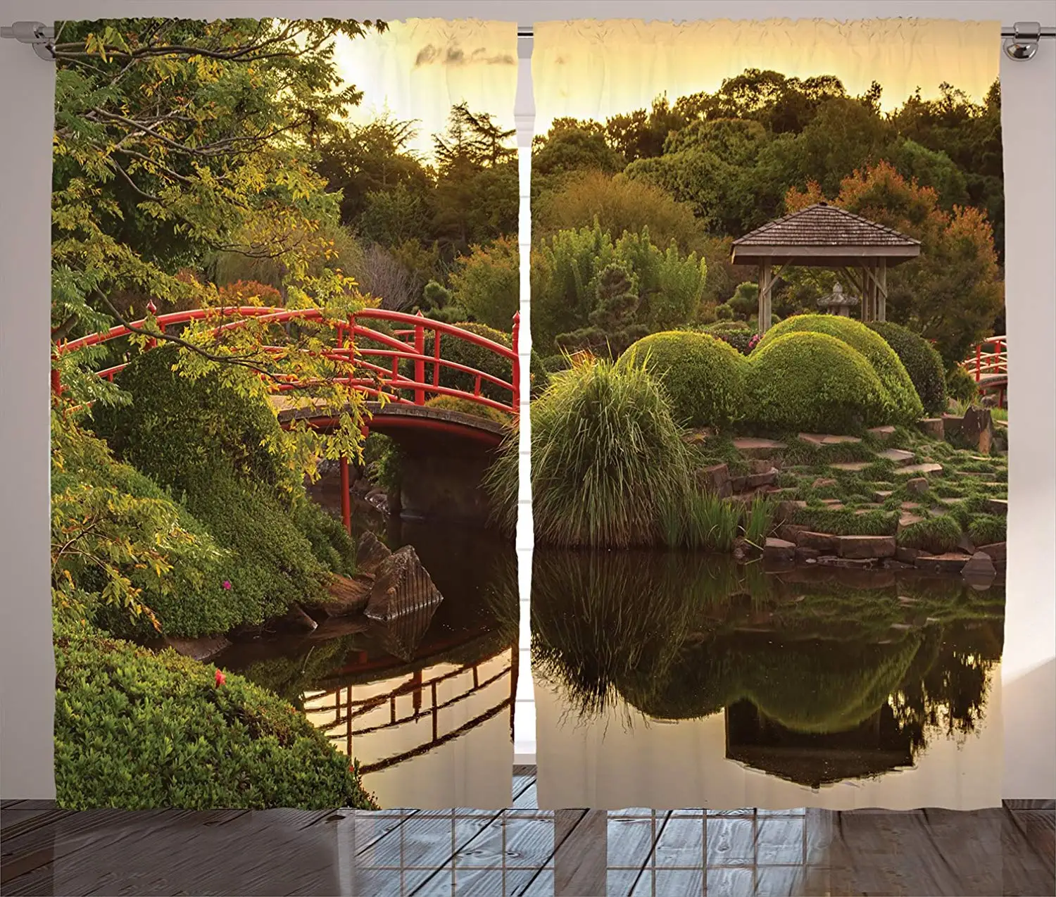 Perdele japoneze Grădină Liniștită în Amurg, cu Reflecții în Apă Roșie Podul de pe Iaz Apus de soare Living Decor Dormitor