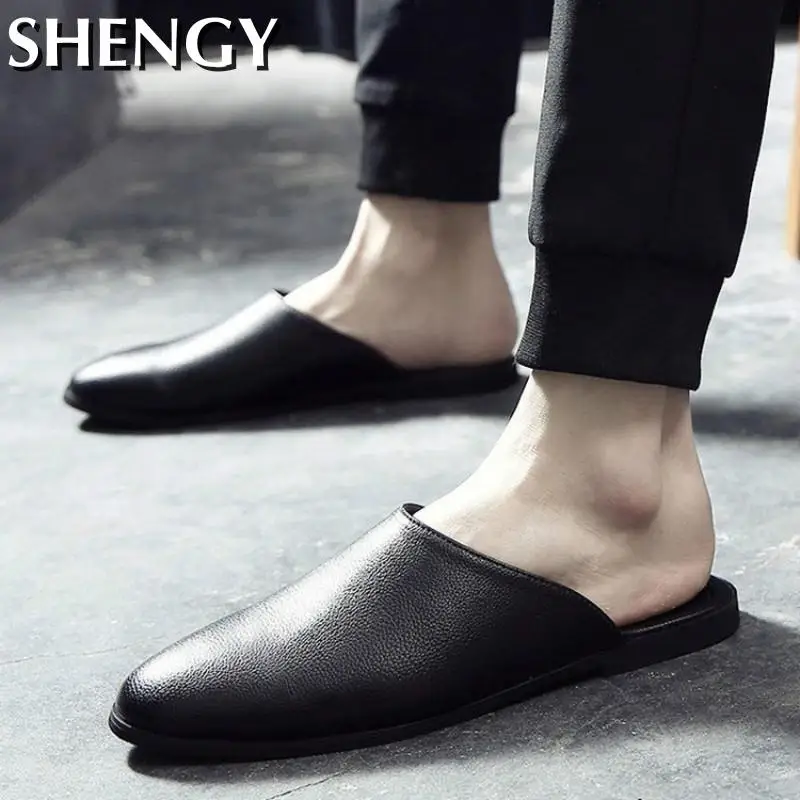 Moda de Înaltă Calitate pentru Bărbați Papuci din Piele PU Sandale Plate Cap Rotund de sex Masculin Încălțăminte Casual în aer liber la Modă Confort Lumină Zapatos