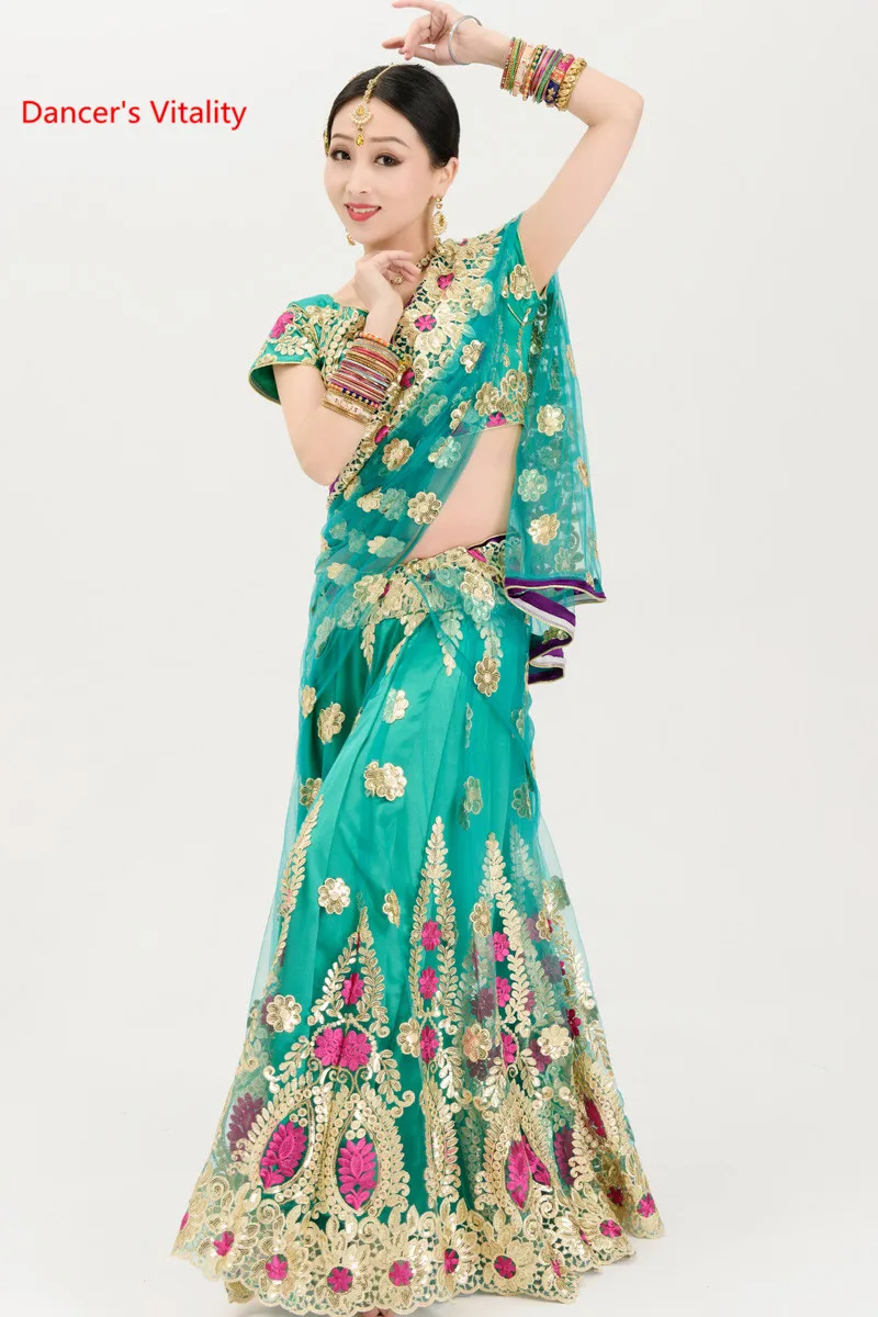Broderii Fine India Dans Haine de Performanță Costum Adult Burta Concurs de Dans Costume Topuri+Big Swing Fusta+Voal 3pcs Set