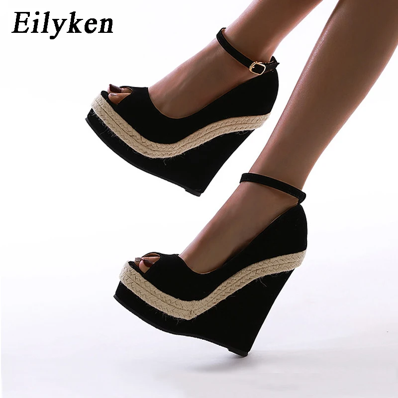 Eilyken Sandale Cu Platforma Femei De Înaltă Calitate Turma Tesatura Peep Toe Moda Glezna, Catarama Curea Tocuri Pană Doamnelor Pantofi Rochie
