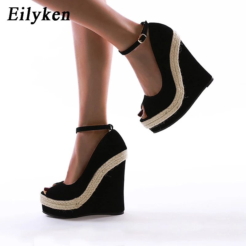 Eilyken Sandale Cu Platforma Femei De Înaltă Calitate Turma Tesatura Peep Toe Moda Glezna, Catarama Curea Tocuri Pană Doamnelor Pantofi Rochie