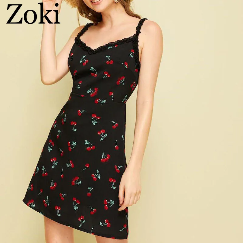 Zoki Femei Sexy Rochie Mini Moda Vara Cherry Imprimare Kawaii Volane Rochie Neagra Casual O-linie Plajă Spaghete Curea Vestidos