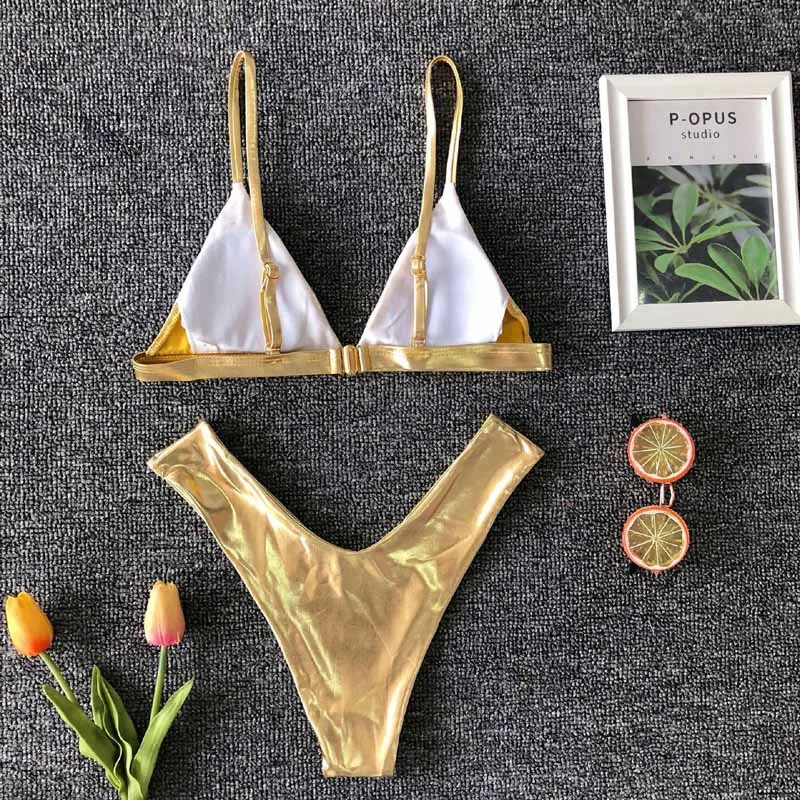 Sexy Ridicat Piciorul Tăiat Bikini Micro costum de Baie Feminin 2019 Femeile de Culoare de Aur Costume de baie Două piese Bikini face baie Costum de Baie Înot Purta