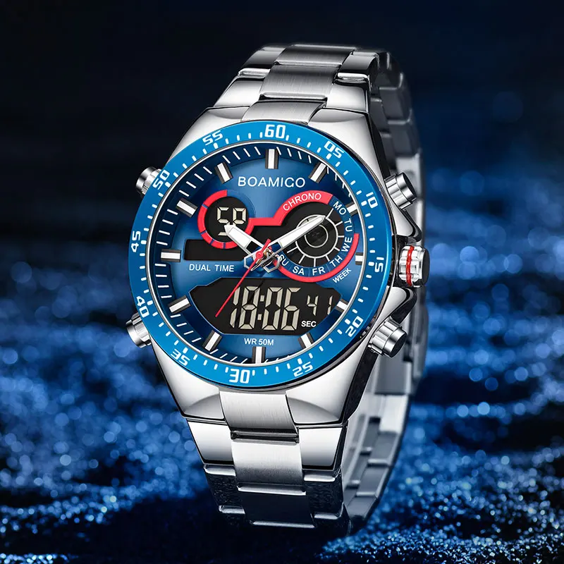 2020 BOAMIGO Mens Ceasuri de Top de Brand de Lux albastru Digital Cuarț ceas din oțel inoxidabil rezistent la apa Sport Cronograf Ceas wirst