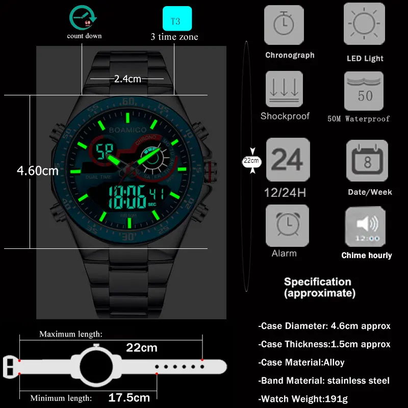 2020 BOAMIGO Mens Ceasuri de Top de Brand de Lux albastru Digital Cuarț ceas din oțel inoxidabil rezistent la apa Sport Cronograf Ceas wirst