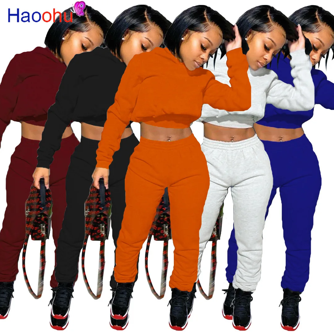 HAOOHU Două Bucata Set Salopeta cu Maneci Lungi Hanorace Crop Top+Spate dantela-up Pantaloni de Trening Toamna Îmbrăcăminte pentru Femei Tinutele de Club