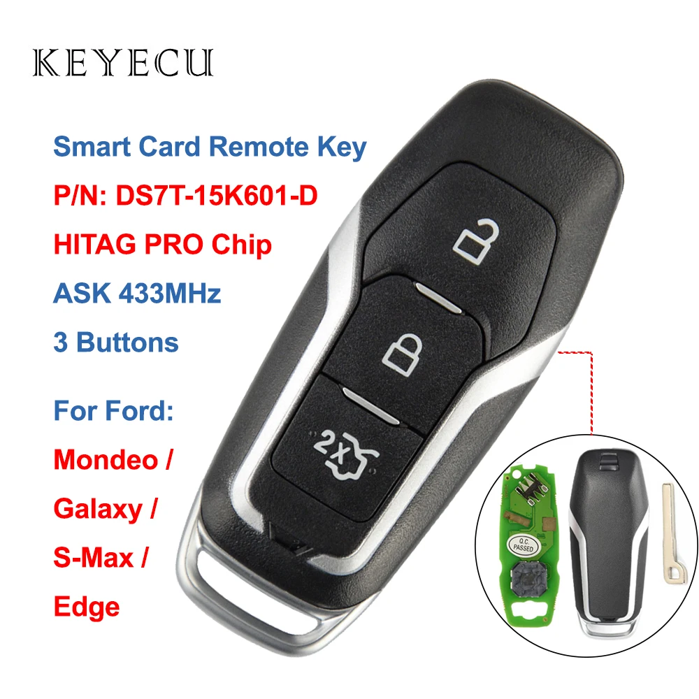 Keyecu Smart Card de la Distanță Masina Cheie 3 Butoane 433MHz HITAG PRO Cip pentru Ford Mondeo Marginea Galaxy S-Max-2018, DS7T-15K601-D