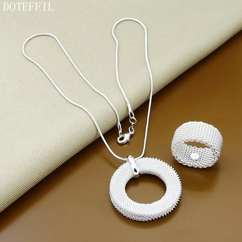 DOTEFFIL Argint 925 18 Inch Șarpe Lanț Rotund Țese Rețeaua Colier Set Inel Pentru Femei de Moda de Nuntă Farmec Bijuterii