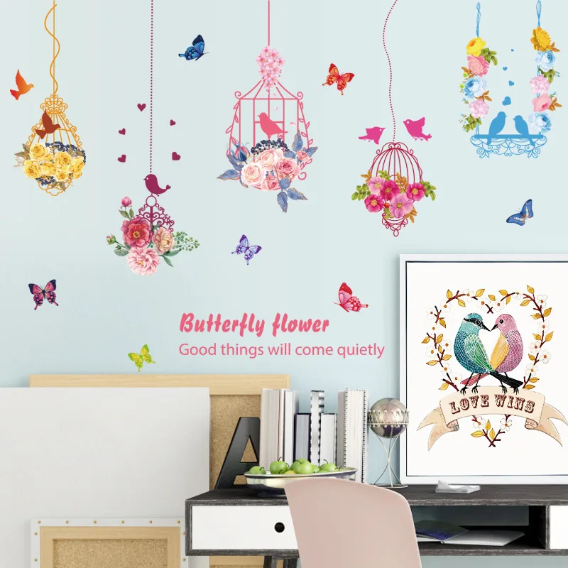 Romantic Colivie de Flori Autocolante de Perete Colorat Fluture Decor Acasă Păsări Minunat Decalcomanii de Perete de Artă Vinil PVC Decor Cameră