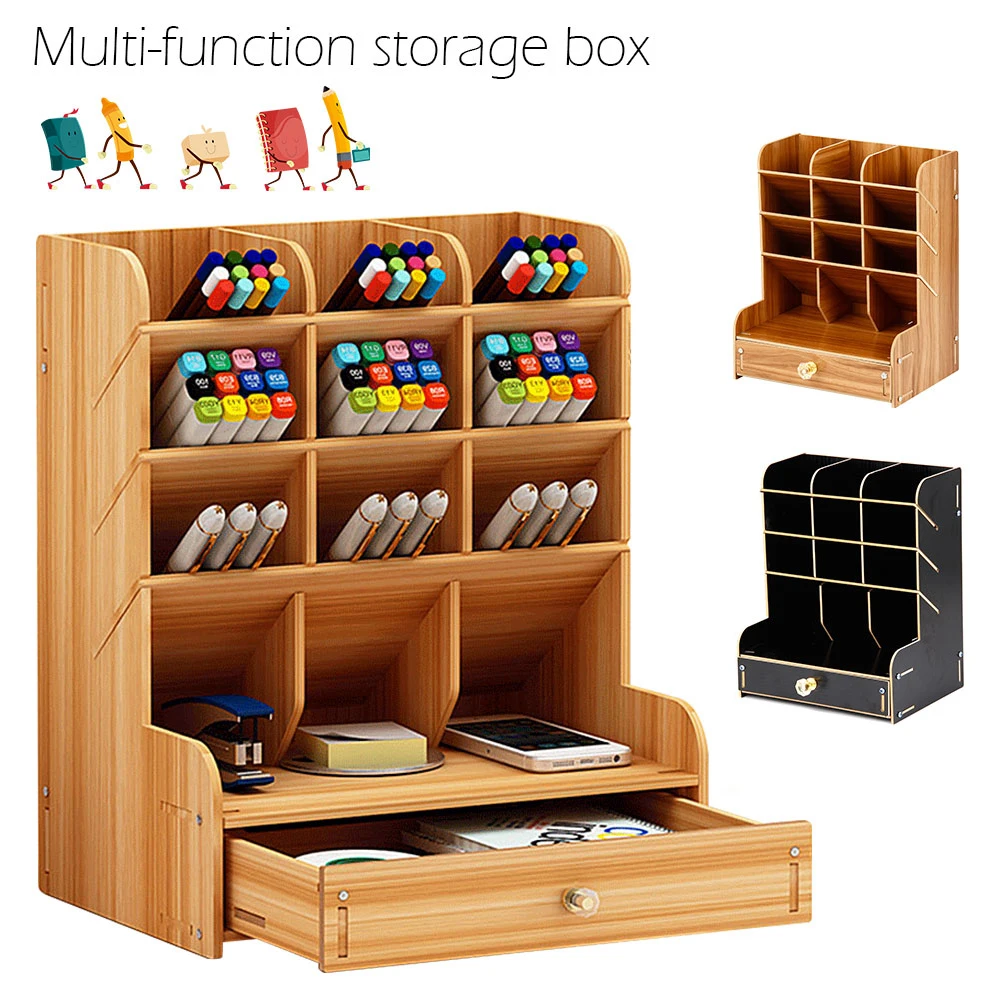 Cutie de Depozitare din lemn Caz Multi-Funcție Sertar Organizator Fișier Tava de Raft 13Grid Desktop Cosmetice Cutii de Depozitare + Suport de Telefon Cadou