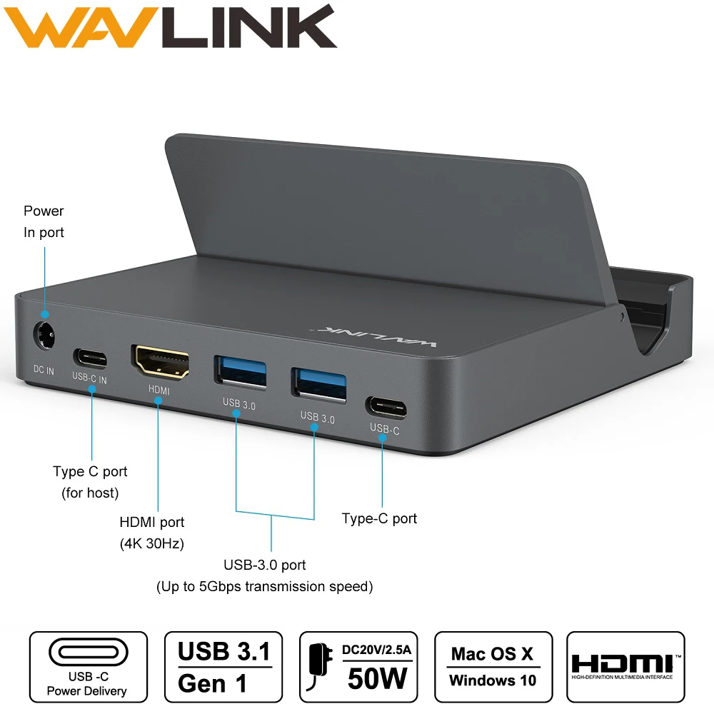 Wavlink Aluminiu USB Docking Station USB 3.1 Gen 2 Type C Display cu Putere Livrare 4K@30 hz 2K@60Hz HDMI Pentru telefon laptop