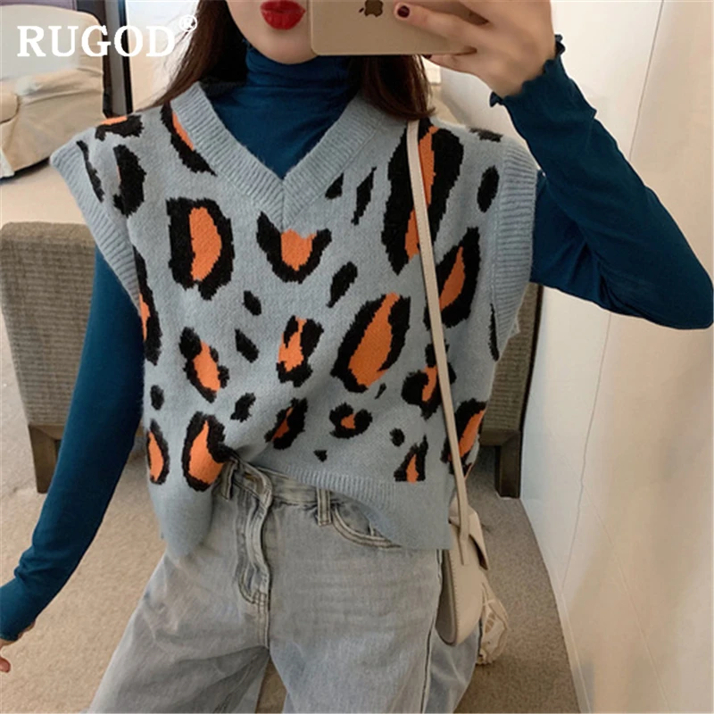 RUGOD Casual leopard imprimate pulover vesta femei coreene chic fără mâneci pulover tricotate tancuri 2019 Auturm moda pulover topuri