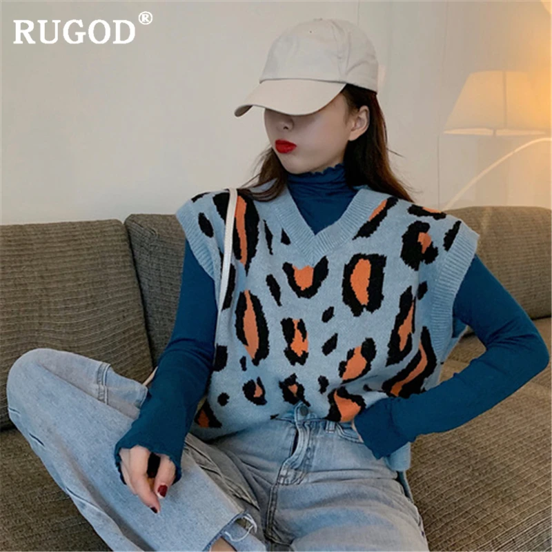 RUGOD Casual leopard imprimate pulover vesta femei coreene chic fără mâneci pulover tricotate tancuri 2019 Auturm moda pulover topuri