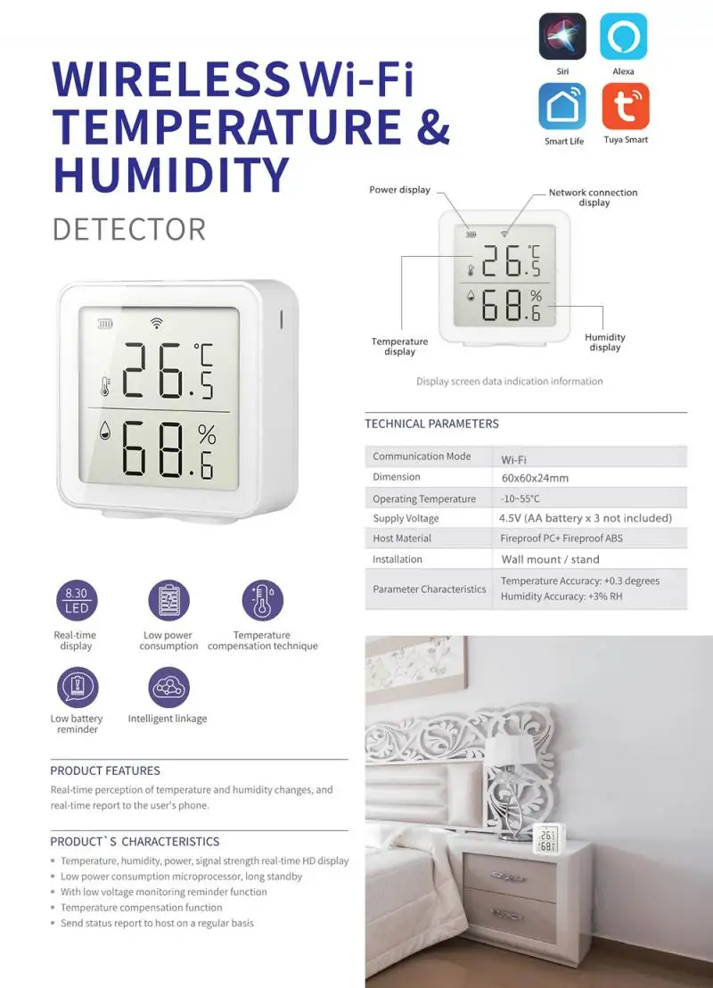 Tuya WIFI Temperatură Și Senzor de Umiditate Cu LCD Ecran Interior, Temperatură Și Umiditate Anormală Senzor Inteligent Acasă