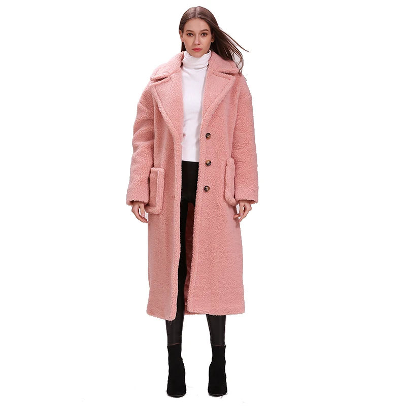 Iarna gros și cald 3 rând de nasturi, cu buzunar roz supradimensionat X-long teddy haina