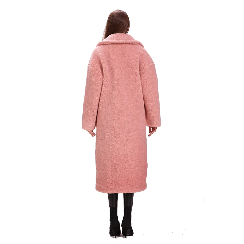 Iarna gros și cald 3 rând de nasturi, cu buzunar roz supradimensionat X-long teddy haina