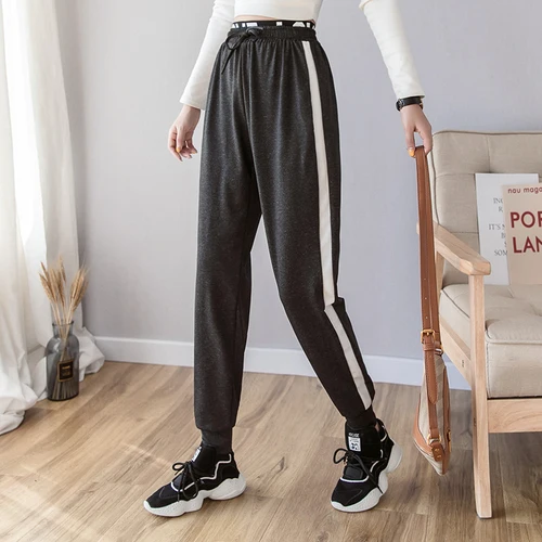 Streetwear Pantaloni Femei 2020 Primavara-Vara Coreean Casual Mozaic Dantela Partea De Sus Cu Dungi Jogging Pantaloni De Trening Negru Gri B301