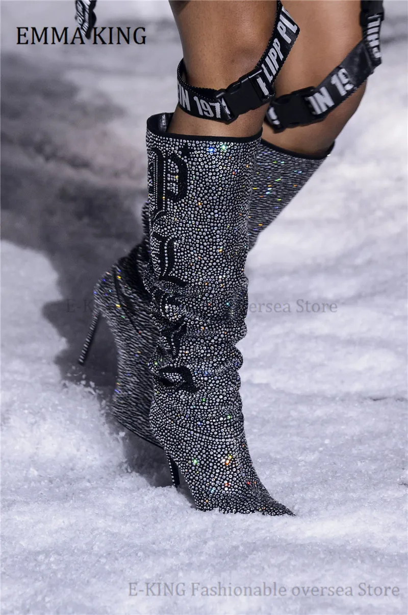 2020 Pista Pantofi Bling Cristal Femei Cizme Genunchi Ridicat Ascuțite Toe Tocuri Subtiri De Mare Timp De Boot Mult Sex Feminin De Mireasa Pantofi De Partid Botas Mujer