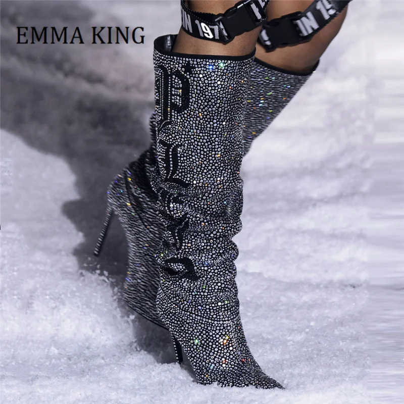 2020 Pista Pantofi Bling Cristal Femei Cizme Genunchi Ridicat Ascuțite Toe Tocuri Subtiri De Mare Timp De Boot Mult Sex Feminin De Mireasa Pantofi De Partid Botas Mujer