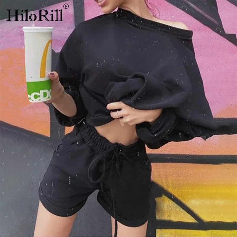 HiloRill Femei Solidă Vrac Se Potrivi Set Batwing Maneca Lunga Pulover Supradimensionat Tricou Cordon Pantaloni Scurți De Sport 2 Bucată De Costume