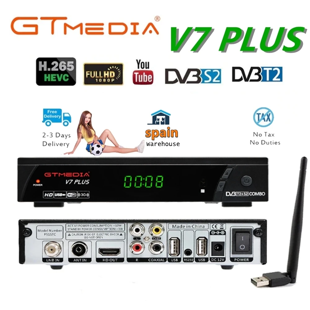 GTmedia V7 Plus Combo DVB-S2+T2 prin Satelit receptor Suport H. 265 și PowerVu,DRE & Biss key,Wifi,full HD 1080P Decodor PK V7 PRO