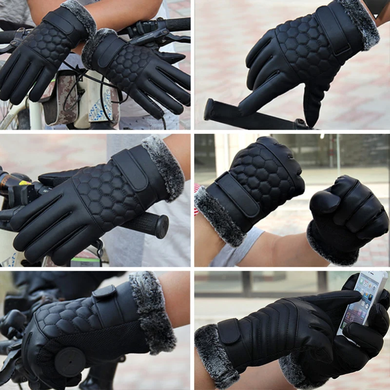 Vbiger Bărbați de Iarnă Mănuși de Cald Retro Îngroșat PU Piele Mănuși Touchscreen de Pluș Manșetă în aer Liber, Anti-Derapare Mănuși pentru Bărbați ML077
