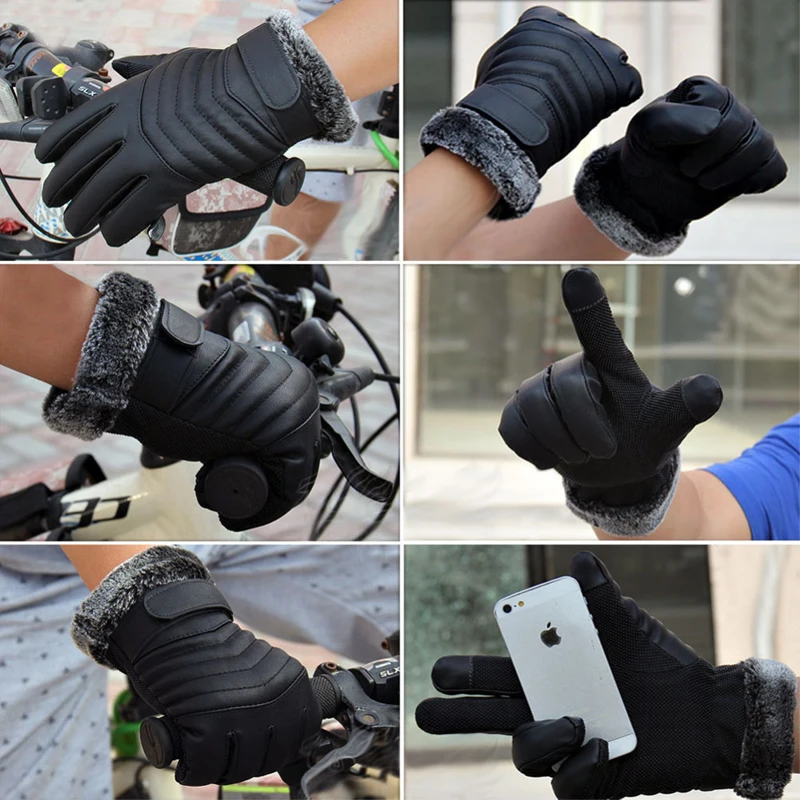 Vbiger Bărbați de Iarnă Mănuși de Cald Retro Îngroșat PU Piele Mănuși Touchscreen de Pluș Manșetă în aer Liber, Anti-Derapare Mănuși pentru Bărbați ML077