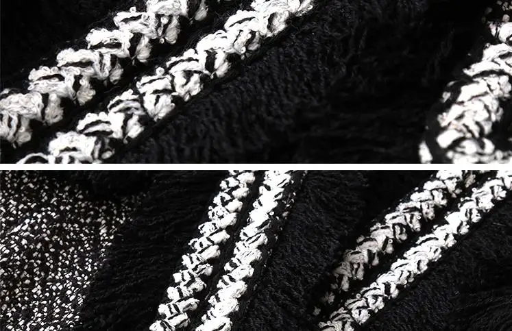 Pistă De Înaltă Calitate Lux Tweed Sacou Femei, Negru Costum De Tweed Sacou Cu Franjuri, Ornamente Mâneci Lungi Buzunare Perle Detaliu Jachete