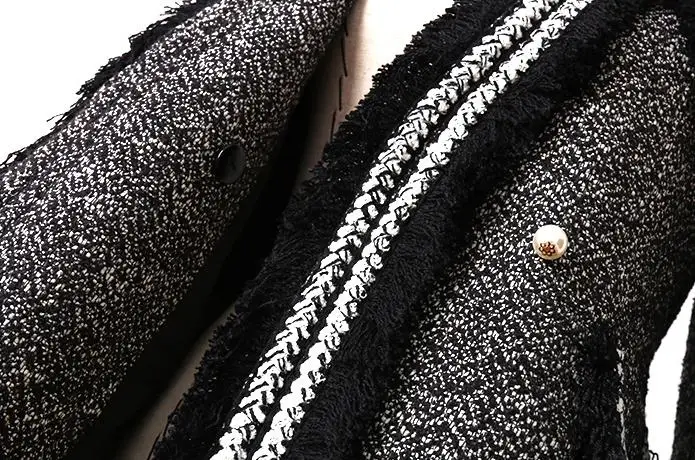 Pistă De Înaltă Calitate Lux Tweed Sacou Femei, Negru Costum De Tweed Sacou Cu Franjuri, Ornamente Mâneci Lungi Buzunare Perle Detaliu Jachete