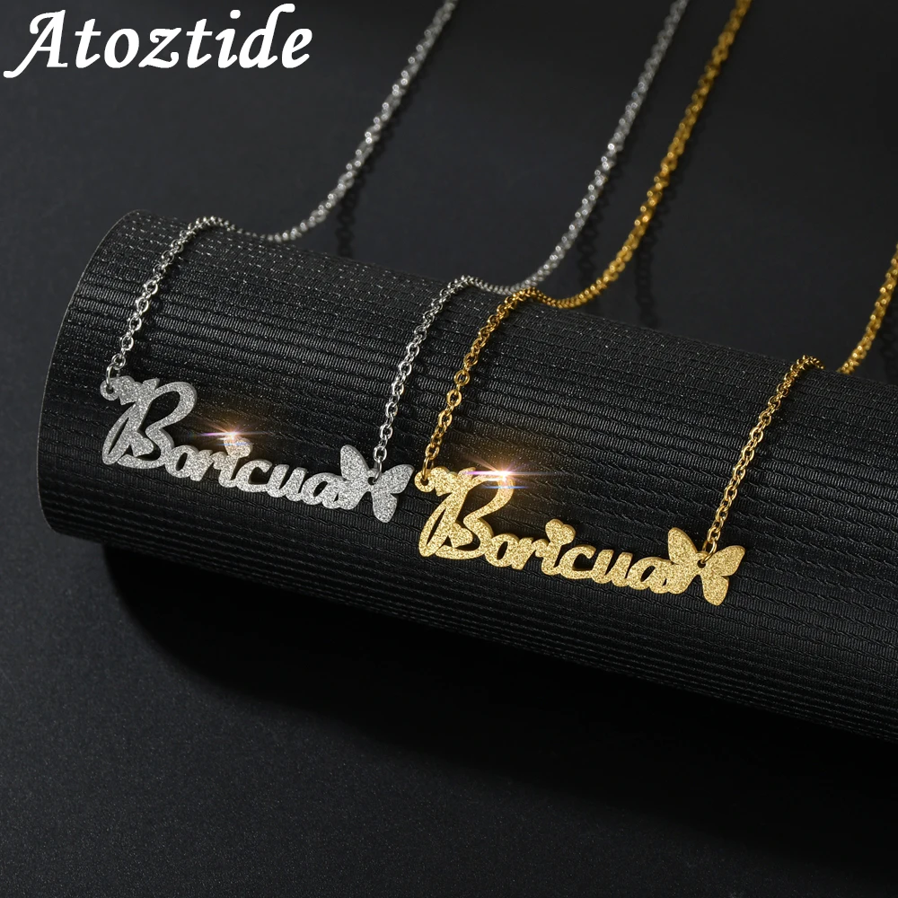 Atoztide 2020 Personalizate Din Oțel Inoxidabil Mat Numele Colier Fluture Scrisoare Personalizata De Aur Cravată Pandantiv Plăcuța Cadou