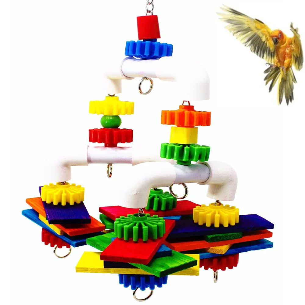 Papagal De Jucarie Blocuri Colorate Din Lemn Agățat De Jucarie Pasare Musca Tub De Plastic De Jucărie
