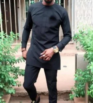 Barbati Pantaloni Set Maneca Lunga Personalizat Plus Size Solid Negru Topuri+Pantaloni Pentru Partidul African DropShipping