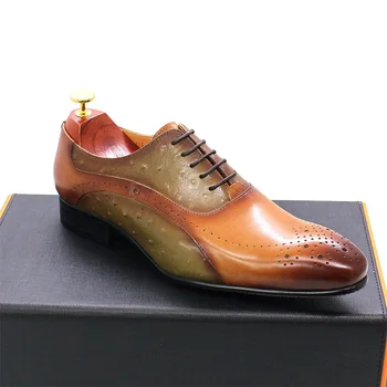 Bărbații italieni Pantofi Rochie Autentice din Piele de Vițel în Verde Maro Model de Struț a Subliniat Toe Dantela-Up Brogue Oxford Pantofi de Nunta pentru Barbati