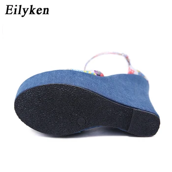 Eilyken 2021 Nou Designer Print Denim, Sandale Romane, Sandale De Înaltă Calitate Pene Tocuri Peep-Toe Pantofi Platforma Femeie