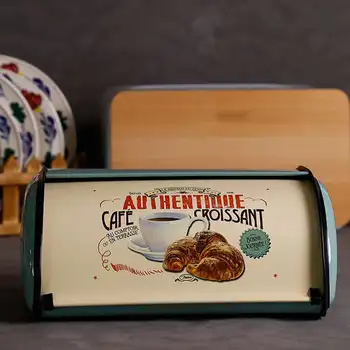 Epocă Franceză Pâine Cutie De Stocare Bin Set Top Roșu Albastru Acoperit Acoperit Cu Pulbere De Pâine Fier Gustare Organizator Pentru Bucatarie Organizator