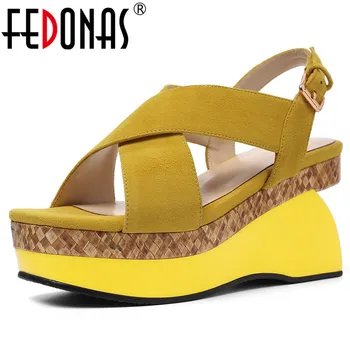 FEDONAS Vara pentru Femei Brand Rotund Toe Platforma Catarama Sandale Solid piele de Oaie Ciudat Tocuri Biroul de Partid Club de Noapte Pantofi de Femeie