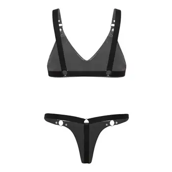 Femei Bikini Set de Lenjerie Erotica Aspect Umed din Piele de Brevet Elastic Bretele de Sutien Top cu Mini G-string Tanga Lenjerie