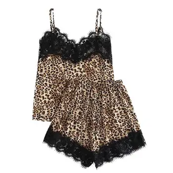 Femei Plus Dimensiune Sleepwear Set Sexy De Leopard Lace Top Fără Mâneci, Pantaloni Scurți Babydoll Seturi De Pijama Koronkowa Pizama Y