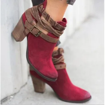 Glezna Cizme De Piele De Căprioară Piele Casual Tocuri Înalte De Moda Pătrat De Cauciuc Cataramă De Curea Pantofi Pentru Femei Cizme Dimensiune 35-43