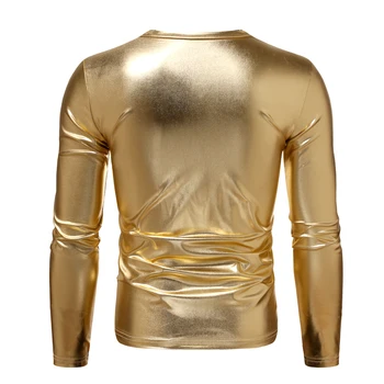 Golden Satin cu Maneci Lungi Tricou Barbati Topuri de Toamnă de Primăvară V Gâtului Monofazate de Culoare T-shirt Club de Noapte Bal Mens Slim Tricou